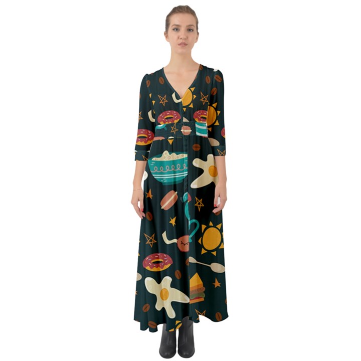 Seamless pattern with breakfast symbols morning coffee Button Up Boho Maxi Dress