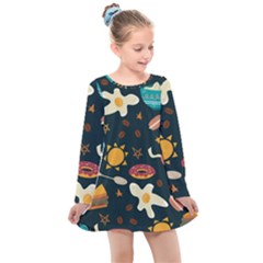 Seamless pattern with breakfast symbols morning coffee Kids  Long Sleeve Dress