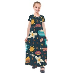 Seamless pattern with breakfast symbols morning coffee Kids  Short Sleeve Maxi Dress