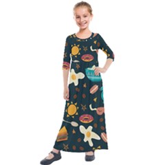 Seamless Pattern With Breakfast Symbols Morning Coffee Kids  Quarter Sleeve Maxi Dress