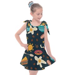 Seamless pattern with breakfast symbols morning coffee Kids  Tie Up Tunic Dress