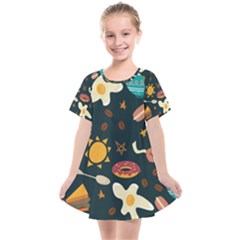 Seamless pattern with breakfast symbols morning coffee Kids  Smock Dress