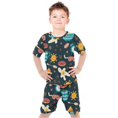 Seamless pattern with breakfast symbols morning coffee Kids  Tee and Shorts Set