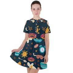 Seamless pattern with breakfast symbols morning coffee Short Sleeve Shoulder Cut Out Dress 