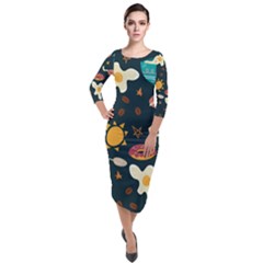 Seamless pattern with breakfast symbols morning coffee Quarter Sleeve Midi Velour Bodycon Dress