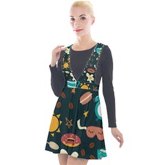 Seamless pattern with breakfast symbols morning coffee Plunge Pinafore Velour Dress