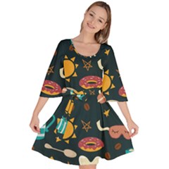 Seamless pattern with breakfast symbols morning coffee Velour Kimono Dress