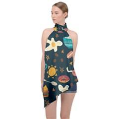 Seamless pattern with breakfast symbols morning coffee Halter Asymmetric Satin Top