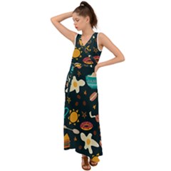 Seamless pattern with breakfast symbols morning coffee V-Neck Chiffon Maxi Dress