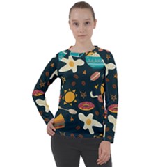 Seamless pattern with breakfast symbols morning coffee Women s Long Sleeve Raglan Tee