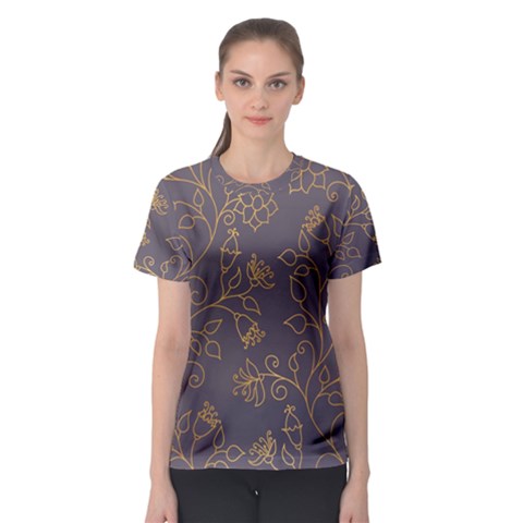 Seamless Pattern Gold Floral Ornament Dark Background Fashionable Textures Golden Luster Women s Sport Mesh Tee by BangZart