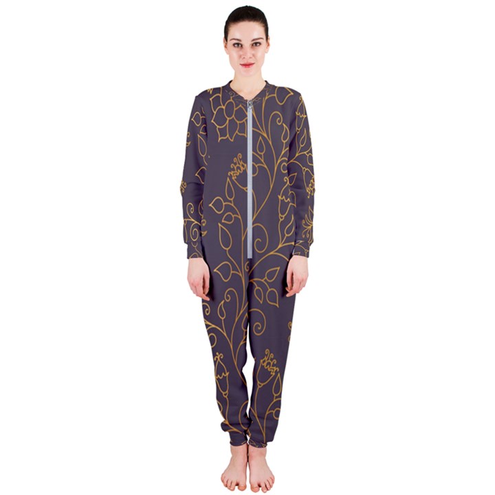 Seamless pattern gold floral ornament dark background fashionable textures golden luster OnePiece Jumpsuit (Ladies) 