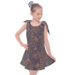 Seamless Pattern Gold Floral Ornament Dark Background Fashionable Textures Golden Luster Kids  Tie Up Tunic Dress by BangZart