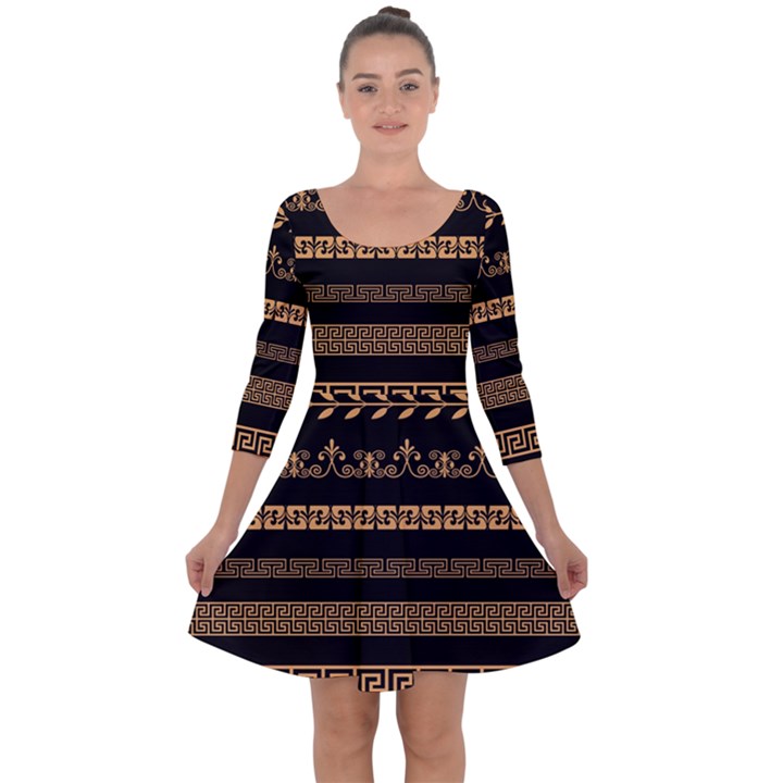 Set antique greek borders seamless ornaments golden color black background flat style greece concept Quarter Sleeve Skater Dress