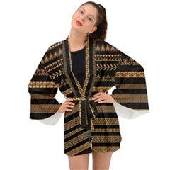 Set Antique Greek Borders Seamless Ornaments Golden Color Black Background Flat Style Greece Concept Long Sleeve Kimono by BangZart