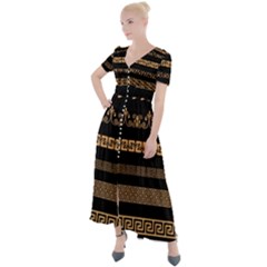 Set Antique Greek Borders Seamless Ornaments Golden Color Black Background Flat Style Greece Concept Button Up Short Sleeve Maxi Dress by BangZart