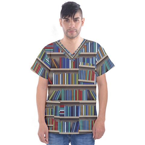 Bookshelf Men s V-neck Scrub Top by BangZart