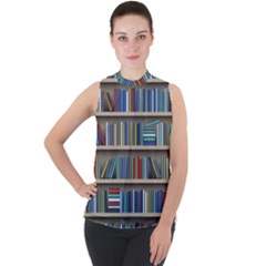 Bookshelf Mock Neck Chiffon Sleeveless Top by BangZart