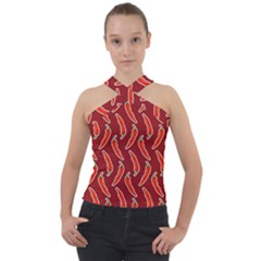 Chili Pattern Red Cross Neck Velour Top by BangZart