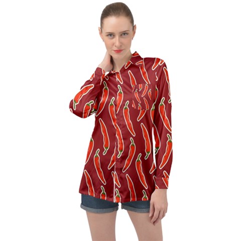 Chili Pattern Red Long Sleeve Satin Shirt by BangZart