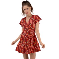 Chili Pattern Red Flutter Sleeve Wrap Dress by BangZart