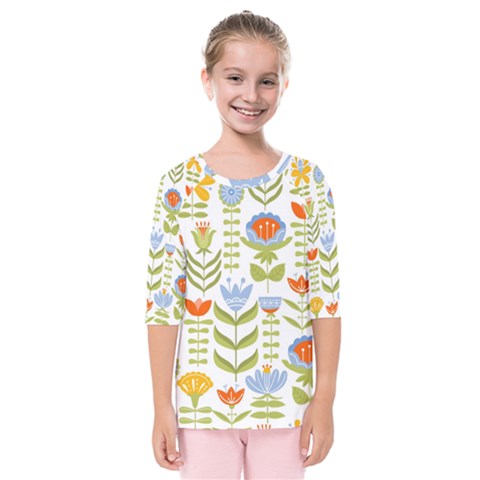 Seamless Pattern With Various Flowers Leaves Folk Motif Kids  Quarter Sleeve Raglan Tee by BangZart