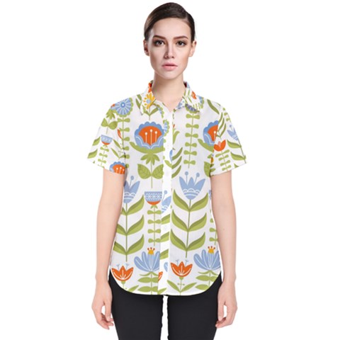 Seamless Pattern With Various Flowers Leaves Folk Motif Women s Short Sleeve Shirt by BangZart