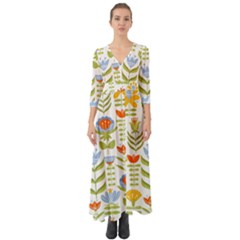 Seamless Pattern With Various Flowers Leaves Folk Motif Button Up Boho Maxi Dress by BangZart