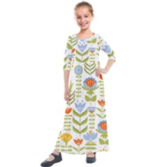 Seamless Pattern With Various Flowers Leaves Folk Motif Kids  Quarter Sleeve Maxi Dress