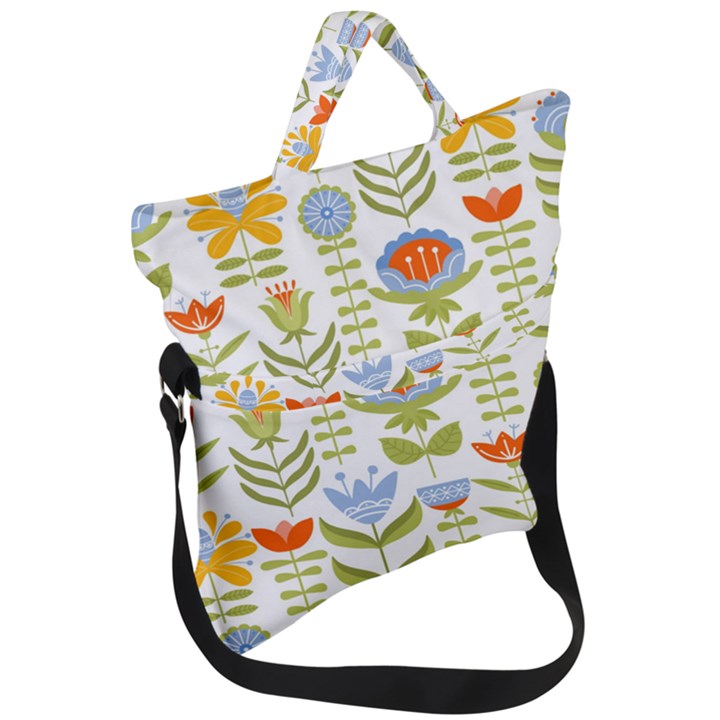 Seamless pattern with various flowers leaves folk motif Fold Over Handle Tote Bag