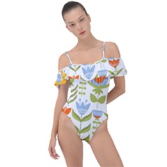 Seamless Pattern With Various Flowers Leaves Folk Motif Frill Detail One Piece Swimsuit by BangZart