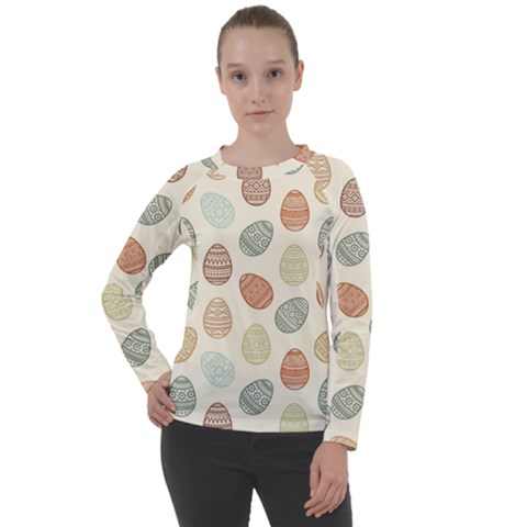 Seamless Pattern Colorful Easter Egg Flat Icons Painted Traditional Style Women s Long Sleeve Raglan Tee by BangZart