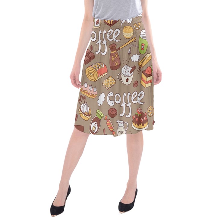 Vector seamless pattern with doodle coffee equipment Midi Beach Skirt