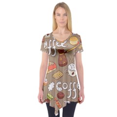 Vector Seamless Pattern With Doodle Coffee Equipment Short Sleeve Tunic  by BangZart