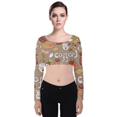 Vector Seamless Pattern With Doodle Coffee Equipment Velvet Long Sleeve Crop Top by BangZart