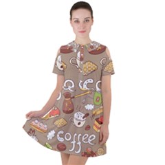 Vector Seamless Pattern With Doodle Coffee Equipment Short Sleeve Shoulder Cut Out Dress  by BangZart