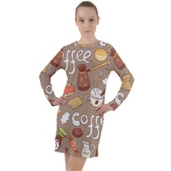 Vector Seamless Pattern With Doodle Coffee Equipment Long Sleeve Hoodie Dress by BangZart