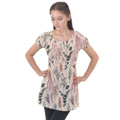 Watercolor Floral Seamless Pattern Puff Sleeve Tunic Top by BangZart