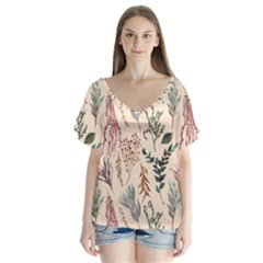 Watercolor Floral Seamless Pattern V-neck Flutter Sleeve Top by BangZart