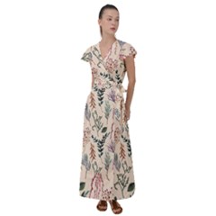 Watercolor Floral Seamless Pattern Flutter Sleeve Maxi Dress by BangZart