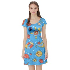 Hand Drawn Seamless Pattern Summer Time Short Sleeve Skater Dress by BangZart