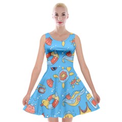 Hand Drawn Seamless Pattern Summer Time Velvet Skater Dress by BangZart