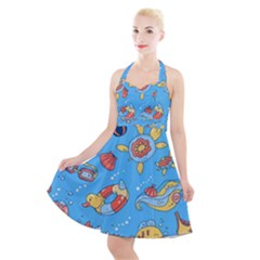 Hand Drawn Seamless Pattern Summer Time Halter Party Swing Dress  by BangZart