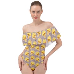 Yellow Mushroom Pattern Off Shoulder Velour Bodysuit  by BangZart