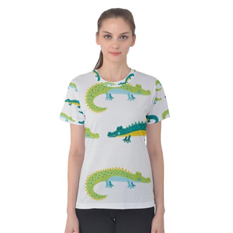 Cute Cartoon Alligator Kids Seamless Pattern With Green Nahd Drawn Crocodiles Women s Cotton Tee by BangZart