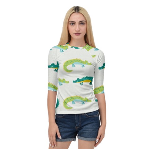 Cute Cartoon Alligator Kids Seamless Pattern With Green Nahd Drawn Crocodiles Quarter Sleeve Raglan Tee by BangZart