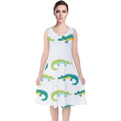 Cute Cartoon Alligator Kids Seamless Pattern With Green Nahd Drawn Crocodiles V-neck Midi Sleeveless Dress  by BangZart