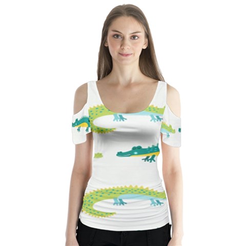 Cute Cartoon Alligator Kids Seamless Pattern With Green Nahd Drawn Crocodiles Butterfly Sleeve Cutout Tee  by BangZart