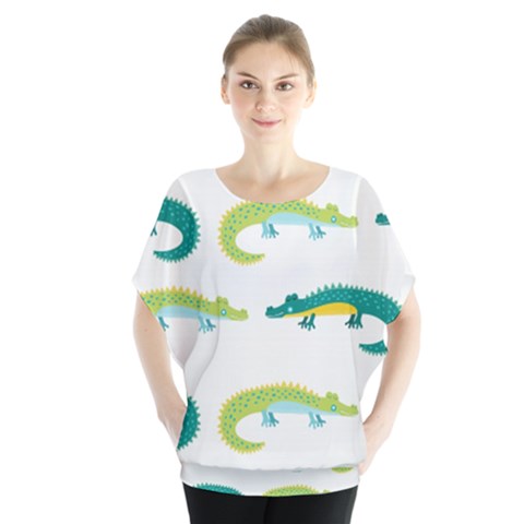 Cute Cartoon Alligator Kids Seamless Pattern With Green Nahd Drawn Crocodiles Batwing Chiffon Blouse by BangZart