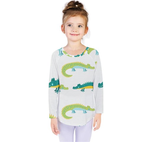 Cute Cartoon Alligator Kids Seamless Pattern With Green Nahd Drawn Crocodiles Kids  Long Sleeve Tee by BangZart